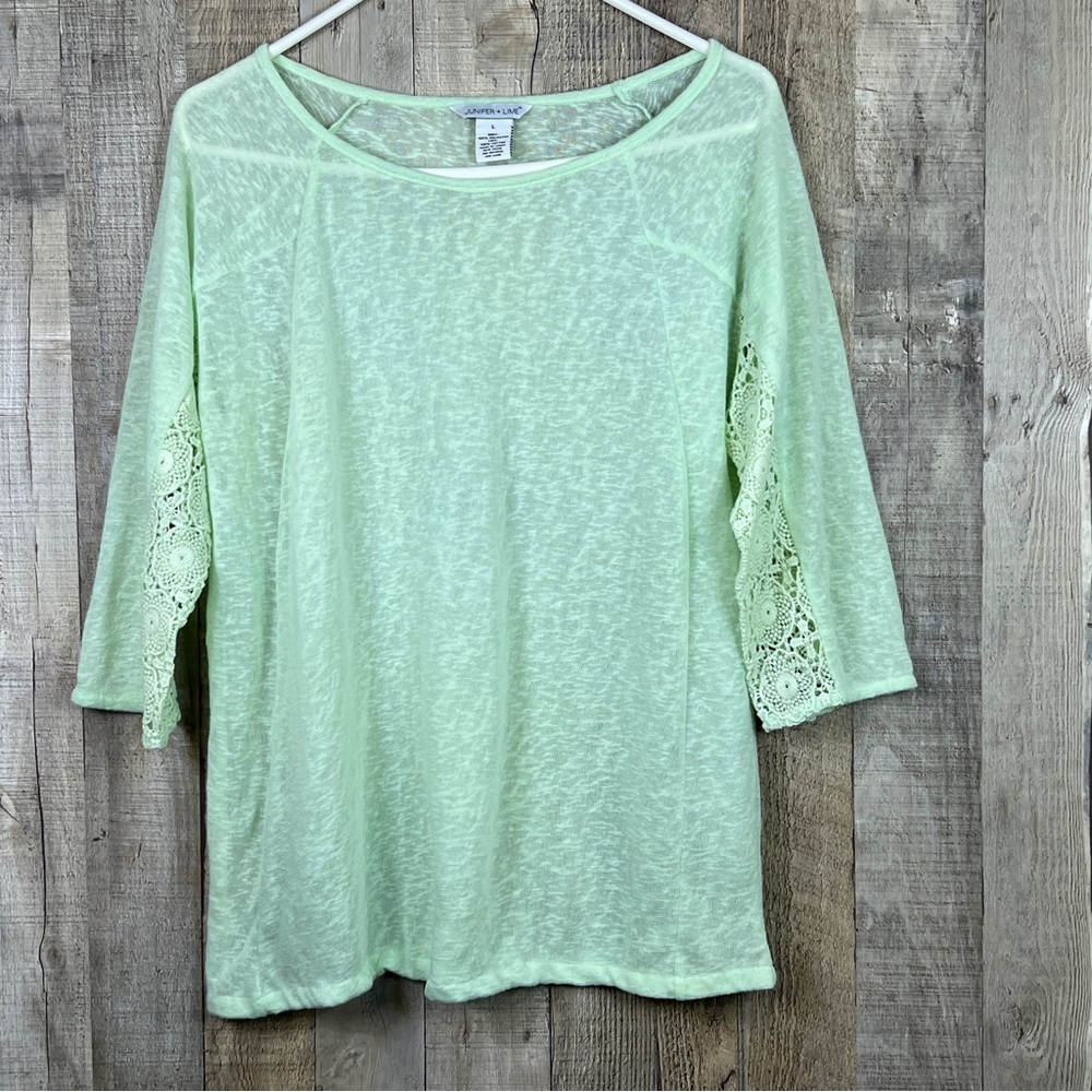 Juniper + Lime Large Light Lime Green Burnout Top w/3/4 Sleeves with Lace